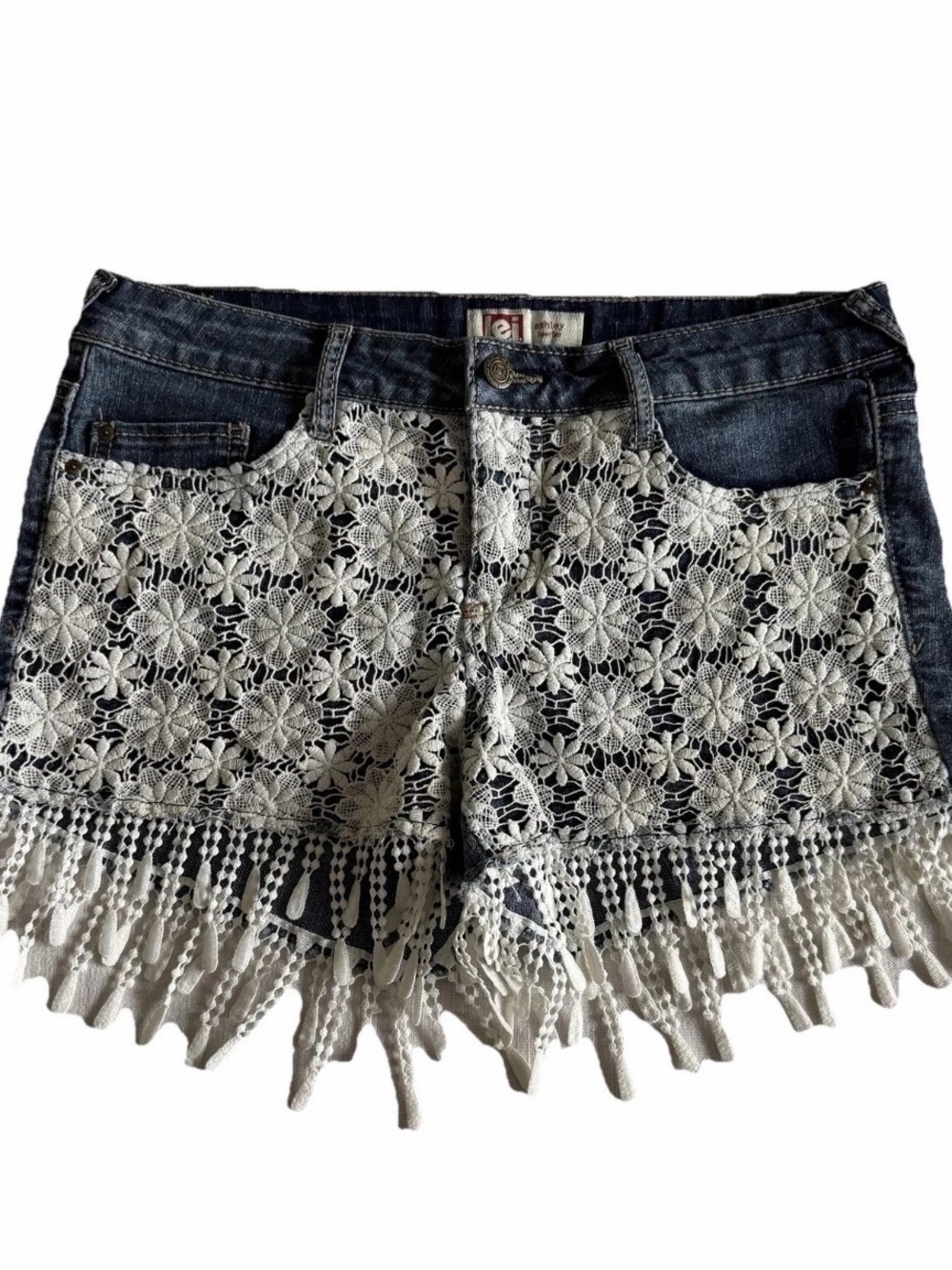 L.e.i. Shorts Juniors 9 Denim Lace Floral Fringe Cutoff Ashley Magda Festival